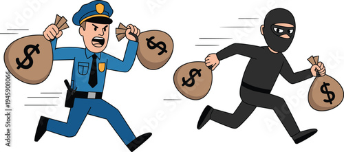 Cartoon police officer chasing masked thief carrying stolen money bags, funny crime pursuit illustration about robbery, law enforcement action, security awareness and justice concept
