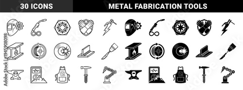 Industrial Welding and Metal Fabrication Icon Set Featuring Hybrid Symbols of Welding Helmets with Gears and Steel Beams with Flame Emblems