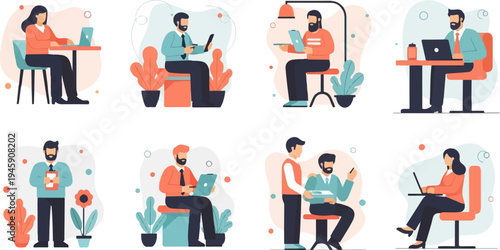 Diverse individuals engaged in various modern office and remote work activities