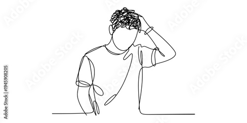 Continuous line art drawing of a young man scratching his head, expressing confusion or stress Vector, illustration
