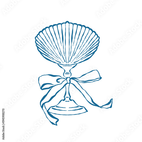 An outline illustration of a wine glass shaped like a seashell. A festive wine glass with a bow. Vintage-style clipart in blue. Vector illustration for weddings, birthdays, and parties with a nautical