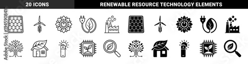 Sustainable energy and eco technology hybrid icons merging solar panels wind turbines and circuit trees with organic leaves for green power concepts