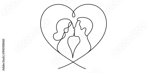 Continuous line drawing of a loving couple kissing, framed by a heart shape, illustrating romance and connection Vector, illustration