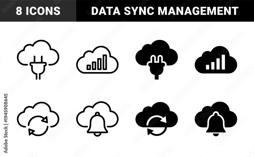 Fototapeta premium Cloud computing hybrid symbols featuring integrated power plug connections data signal bars synchronization arrows and notification bell alerts