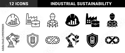 Industrial Manufacturing and Sustainable Energy Hybrid Icons Featuring Robotic Arms with Leaves and Worker Safety Helmets with Growth Charts