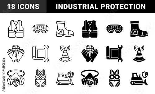 Heavy industry and construction safety hybrid icons merging protective gear with technical symbols like circuit goggles and global protection gloves