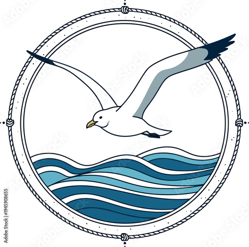 This charming nautical illustration depicts a seagull gracefully soaring above blue ocean waves, all contained within a decorative rope circle, ideal for maritime adventures.