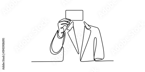 Minimalist continuous line art drawing of a person in a suit holding a blank card over their face, symbolizing anonymity and identity. Vector, illustration
