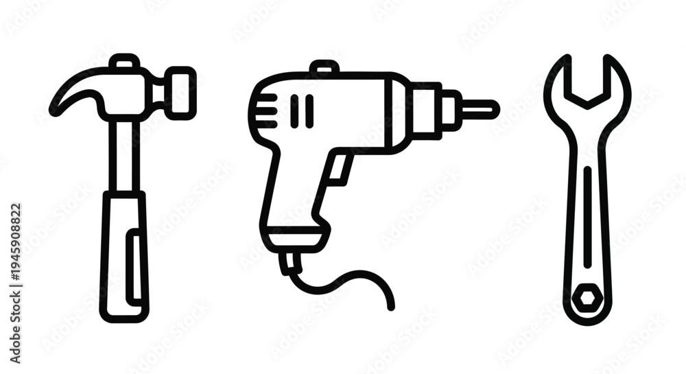 Fototapeta premium Vector graphic illustration of a hammer, drill, and wrench tools for construction and repair work purposes