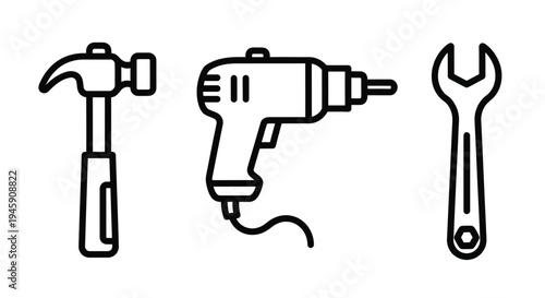 Vector graphic illustration of a hammer, drill, and wrench tools for construction and repair work purposes