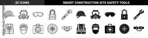 Industrial Safety and Smart Maintenance Hybrid Icons Featuring Circuit Board Hard Hats Digital Goggles Battery Powered Wrenches and Solar Vests