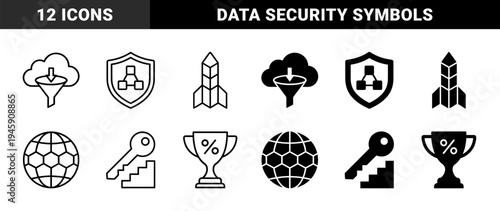 Hybrid business growth and data security icons featuring cloud funnel filtration and rocket architecture in solid and outline stroke styles