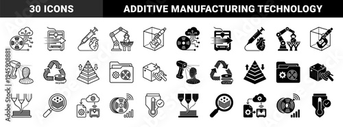 Additive manufacturing and industrial 3D printing icons featuring robotic arms laser scanning recycled filament and cloud based engineering tools
