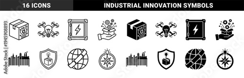 Hybrid logistics and innovation icons featuring circuit board delivery boxes drone light bulbs power supply crates and city skyline barcodes