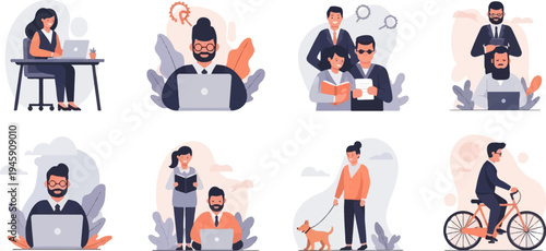 Diverse individuals engaged in work, learning, and leisure activities