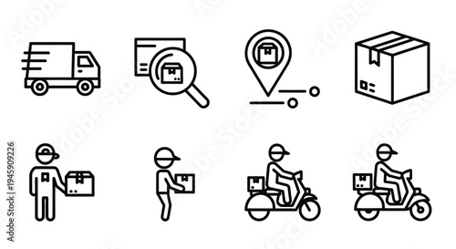 Delivery icons including truck, scooter, and workers with boxes for logistics and transportation design