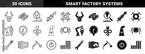 Industrial smart manufacturing hybrid icons featuring robotic claw with circuit board and cloud data cargo container in outline and solid styles
