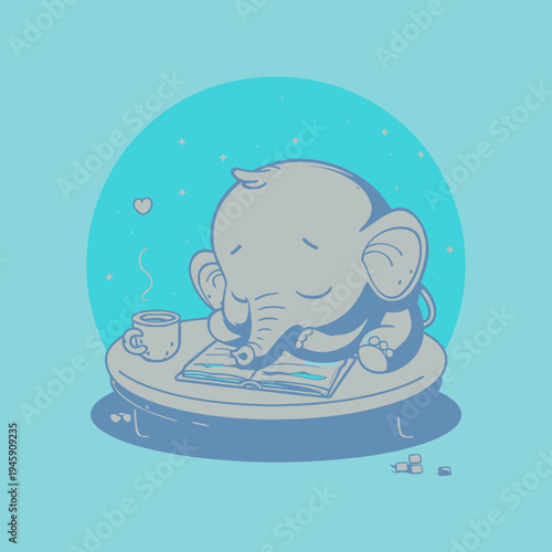 Cartoon elephant reading a book with a cup of coffee on a table