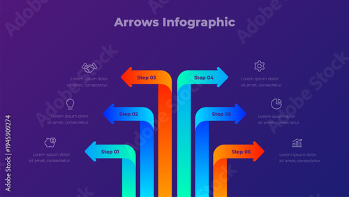 6 step branching arrow flow diagram with symmetrical directional arrows forming structured workflow network