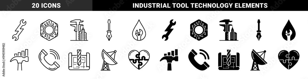 Obraz premium Hybrid Industrial and Technical Symbols Merging Engineering Tools with Communication Data and Construction Elements in Linear and Solid Styles