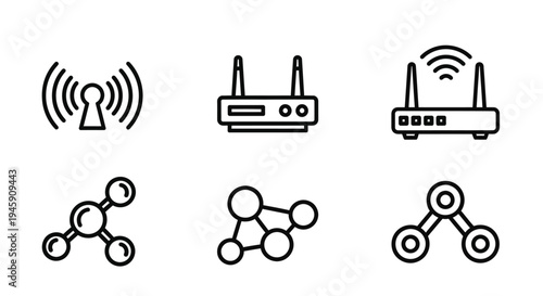 Black and white vector graphic illustration of network and router design elements
