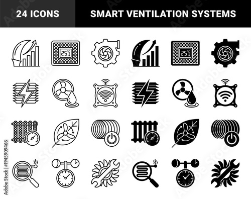 Smart HVAC and Industrial Ventilation System Icons Featuring Hybrid Designs for Climate Control Air Filtration and Thermal Energy Monitoring