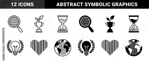 Black and white hybrid conceptual icons merging magnifying glass with honeycomb hourglass with data trophy with sprout and globe with fingerprint