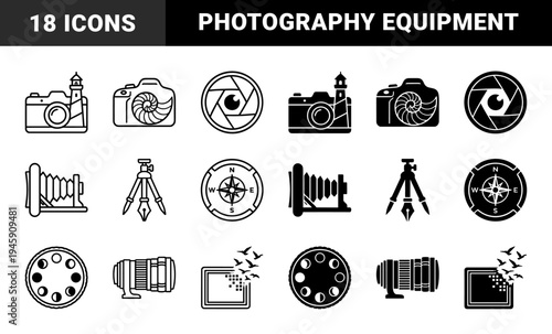 Hybrid photography icon set merging camera equipment with nature and navigation elements featuring lighthouse nautilus shell and compass motifs