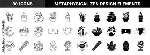 Holistic Wellness and Spiritual Healing Hybrid Icons Featuring Zen Stones Sacred Geometry Crystals and Botanical Aromatherapy Elements in Linear and Solid Style