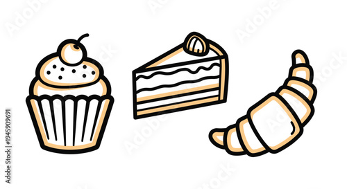 Vector illustration of a cupcake, cake slice, and croissant in a simple graphic design
