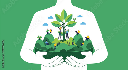 Large hands nurturing community and growing tree