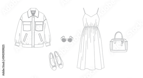 A stylish collection of women's fashion clothing and accessories featuring a bomber jacket, sundress, sunglasses, ballet flats, and handbag.