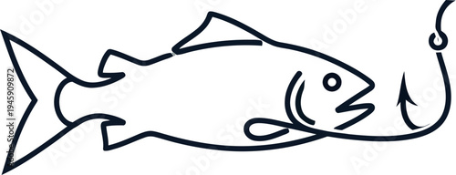 Minimalist single line art illustration showcasing a fish connected to a fishing hook, elegantly capturing the essence of marine life, fishing, danger, or temptation themes.