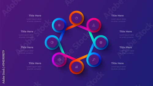 8 step circular workflow infographic diagram with connected nodes forming radial loop structure