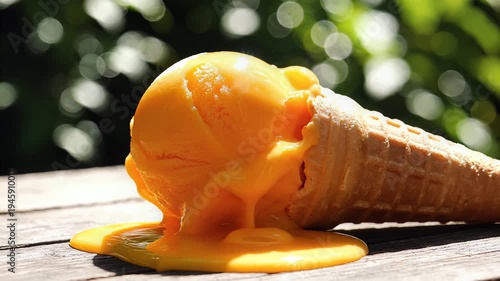 Orange ice cream cone melting against blurred background