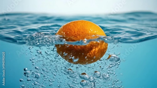 Orange fruit splashing into water creating bubbles and movement