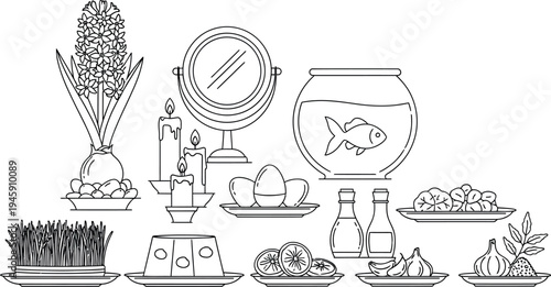 Essential symbolic items are meticulously arranged in this line art illustration of the traditional haft-seen table setup, perfect for celebrating the persian new year nowruz.