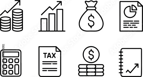 Economic growth and financial planning icon set with revenue charts money bags tax documents and calculators