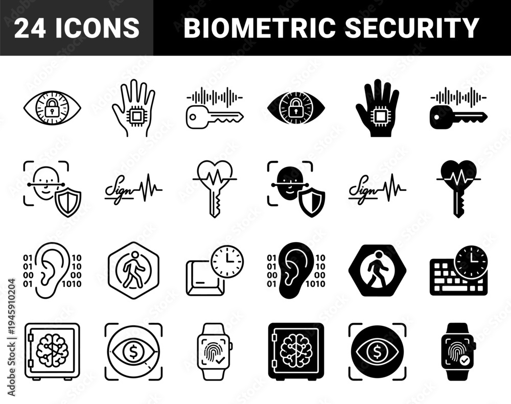 Fototapeta premium Biometric Security Hybrid Icons Featuring Eye Padlock Heartbeat Key Brain Safe and Hand Microchip Designs for Advanced Identity Verification