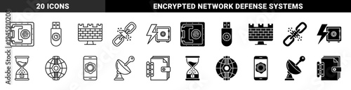 Hybrid cybersecurity icons featuring biometric vault safes encrypted flash drives firewall monitors broken data chains and satellite key transmissions