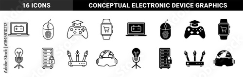 Hybrid technology conceptual icons merging hardware with functional metaphors like biometric security education commerce and global connectivity