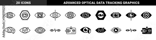 Biometric eye icons featuring hybrid designs with circuit patterns qr codes gear mechanisms binary code and security shield symbols in dual styles