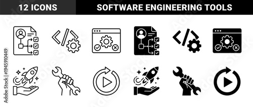 Software development and business growth icons featuring coding gears rocket launch hand tools and process workflow management symbols