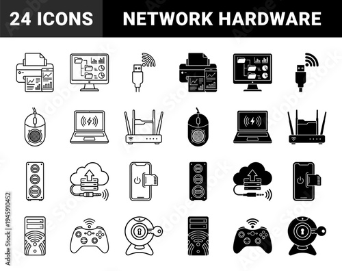 Hardware Connectivity and Wireless Network Interface Hybrid Icons Featuring Smart Plug Controller Gamepad Cloud Server and Data Security Symbols