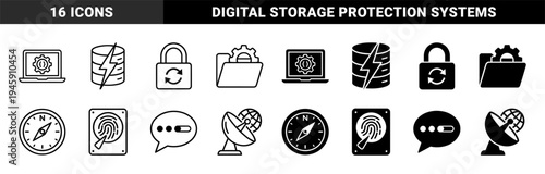 Hybrid Data Infrastructure and Network Security Icons Featuring Database Energy and Encrypted Cloud Computing Metaphors in Dual Line and Solid Style