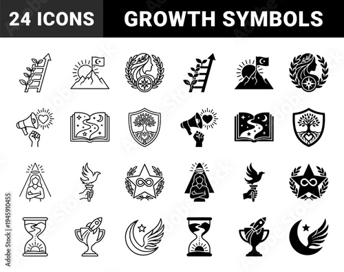 Black and white hybrid conceptual symbols merging growth ladders with plants laurel wreaths with goddesses and celestial bodies with mountain peaks