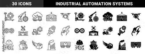 Logistics and Industrial Automation Hybrid Icons Featuring Smart Delivery Drone Global Manufacturing Robotic Arm and Digital Supply Chain Concept