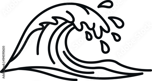 Simple black and white line art illustration depicting a powerful ocean wave cresting with spray droplets against a stark white background