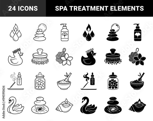 Minimalist wellness and spa hybrid icons featuring celestial stone stacks rubber duck with laurel wreath and heart filled apothecary jars in line and solid styles