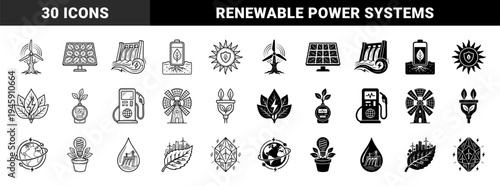 Sustainable energy hybrid icons merging nature with renewable power sources including wind turbine trees solar panel leaves and hydroelectric water drops